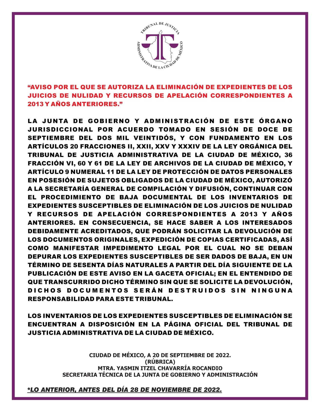 AVISO ELIMINACION EXPEDIENTES 2013 Y ANIOS ANTERIORES