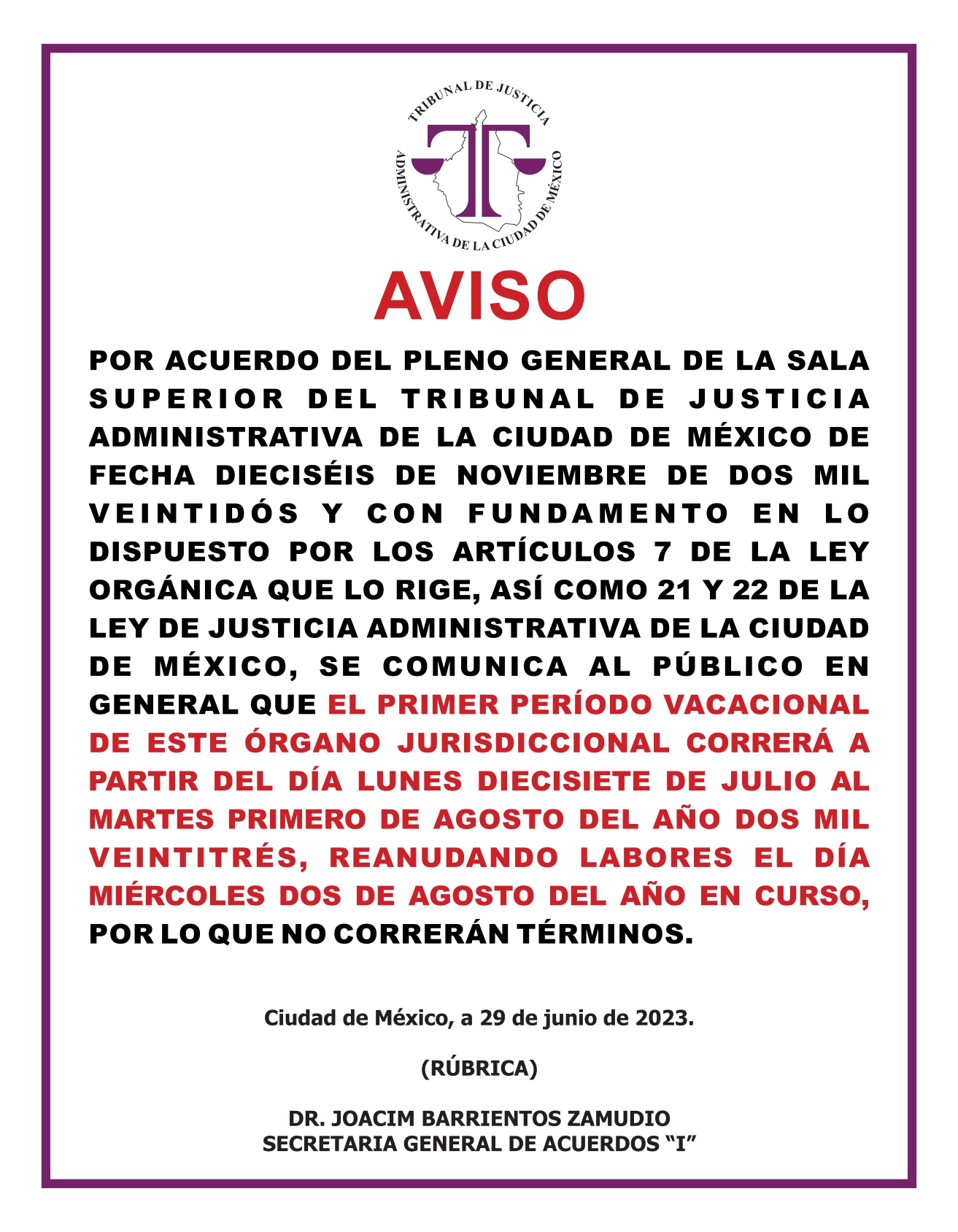 aviso periodo vacacional julio23