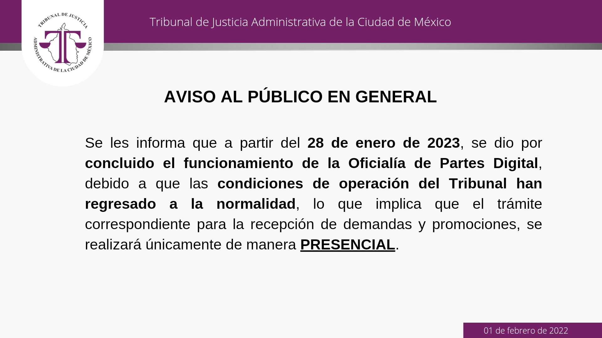 Aviso de Oficialía de Partes