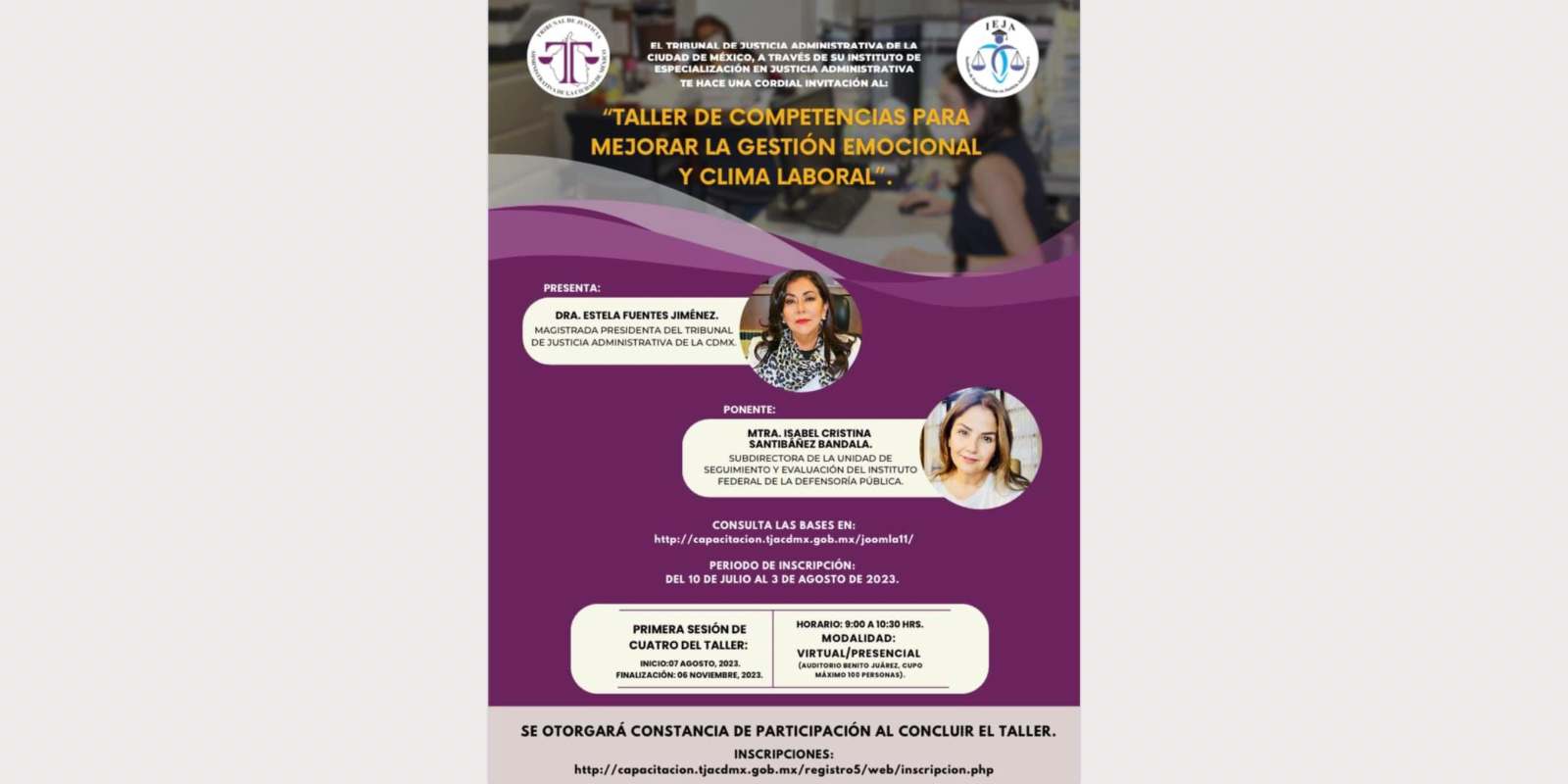 Los invitamos al “Taller de competencia para mejorar la gestión emocional y clima laboral”, convocado por la Mag. Presidenta Estela Fuentes Jiménez
