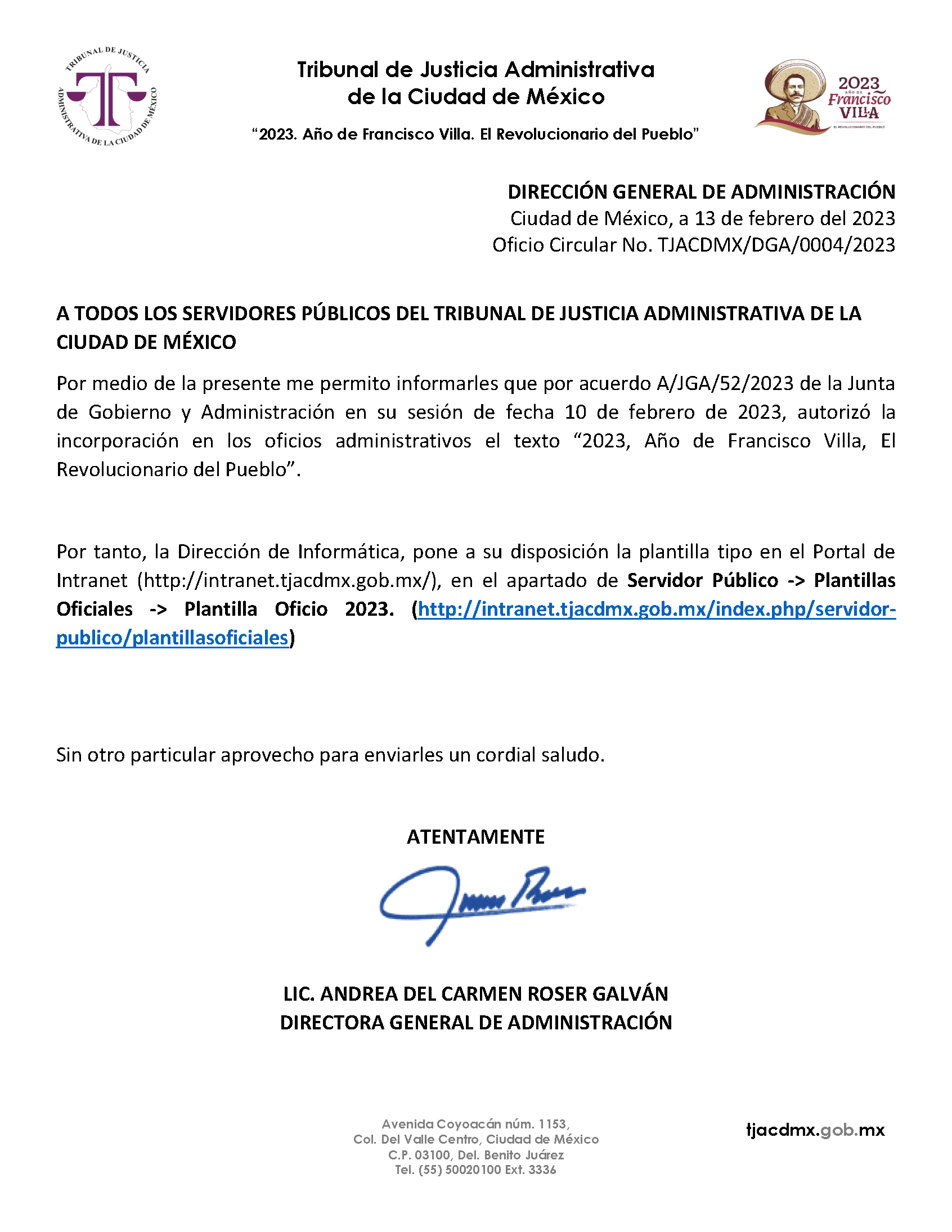 Oficio Circular No. TJACDMX DGA 004 2023